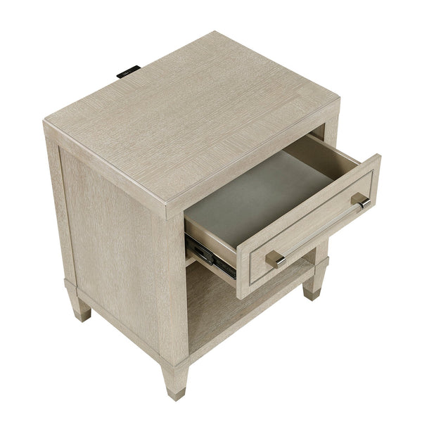 English Elm Elegant Light Oak Nightstand with USB & Outlets, Ball-Bearing Drawer, Lower Shelf, Glam Nickel Pull B011P330086
