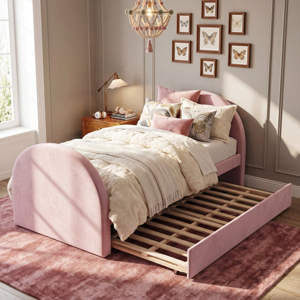 English Elm Twin Upholstered Daybed with Pull Out Trundle Plush Padded Frame for Kids Rooms N757T387568P