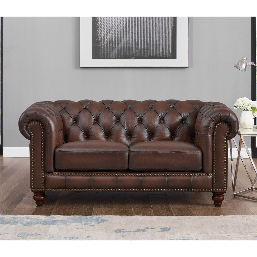 English Elm Alton Bay Top Grain Leather Loveseat with Button-Tufted Chesterfield Back, Rolled Arms & Wood Feet B2705P211738
