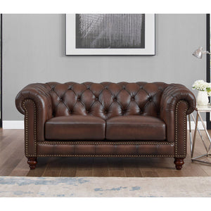 English Elm Alton Bay Top Grain Leather Loveseat with Button-Tufted Chesterfield Back, Rolled Arms & Wood Feet B2705P211738