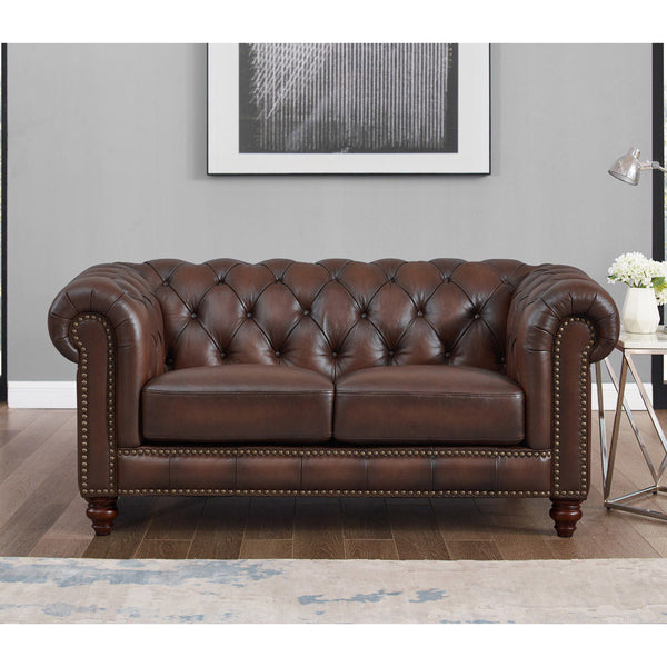 English Elm Alton Bay Top Grain Leather Loveseat with Button-Tufted Chesterfield Back, Rolled Arms & Wood Feet B2705P211738