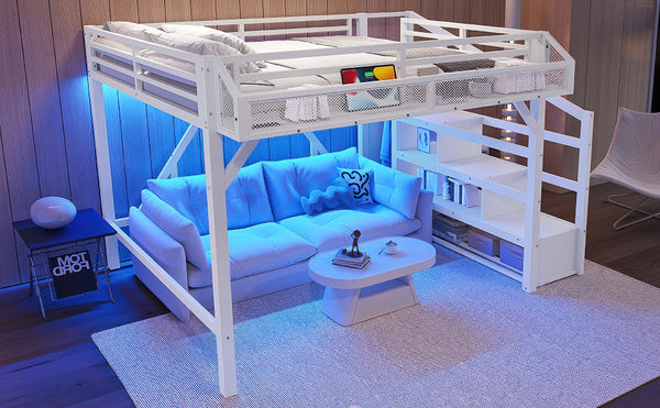 English Elm Full Xl Over Twin Triple Metal Bunk Bed with Storage Stairs and Shelves Black W1580S00414