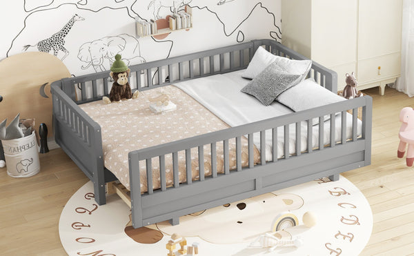 English Elm Twin Xl Convertible Platform Bed With Guardrails, Solid Wood Frame In Gray - Safe & Stylish Sleep Solution W1580S00242-GIGA