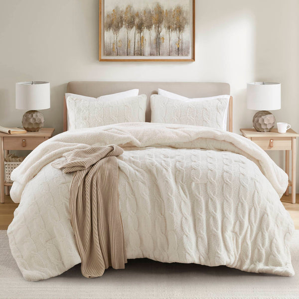 English Elm 2 Pieces Twin Waffle Knit Chenille Comforter Set with Plush Sherpa Reversible Cozy Bedding Ensemble Ivory 20.47 L x 11.42 W x 9.84 H B035P381299