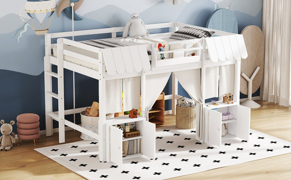 English Elm Full Loft Bed With Bookshelf & Storage - Amusement Park Design, Safety Guardrails, Cozy White Finish W1580S00358
