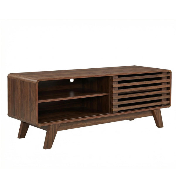 English Elm Tv Stand with Louvered Sliding Doors Tapered Legs Walnut Media Console W3204P465917