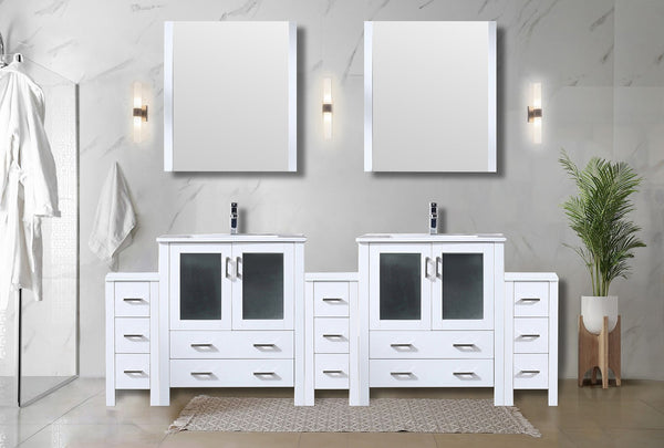 English Elm White Double Bath Vanity 96 in W x 18.25 in D with Side Cabinets, Scratch-Resist Ceramic Top, Chrome Faucet Set and 28 in Mirrors B2731S01223