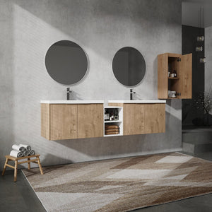 English Elm 72" Wall-Mounted Bathroom Vanity Set With Dual Sinks, Soft-Close Doors & Side Cabinet For Storage W999S00227