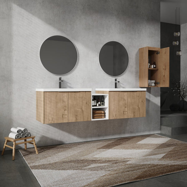 English Elm 72" Wall-Mounted Bathroom Vanity Set With Dual Sinks, Soft-Close Doors & Side Cabinet For Storage W999S00227