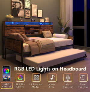 English Elm Twin Daybed with Trundle, Farmhouse Frame w/ Sliding Barn Headboard, LED App Lights & Charging Ports W2129P299618