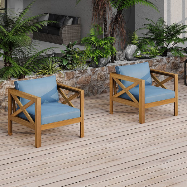 English Elm Christopher Knight Home® - Outdoor Acacia Wood Club Chair Set Of 4 With Blue Cushions, Weather-Resistant & Timeless Elegance N770P264304T004