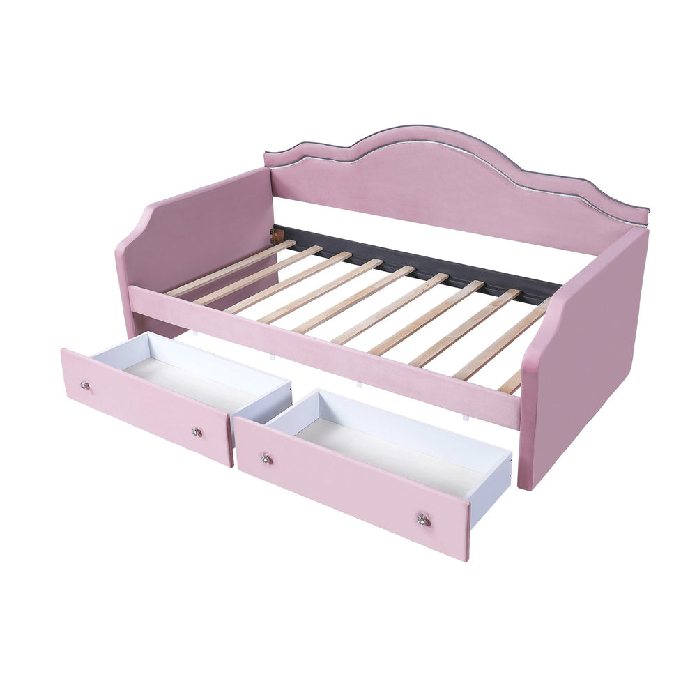 English Elm Twin Upholstered Daybed with Built-In LED & 2 Drawers, Velvet Platform Bed with Solid Wood Frame, Modern Curved Backrest, Twin Size, No Box Spring Needed Pink N7500001851H