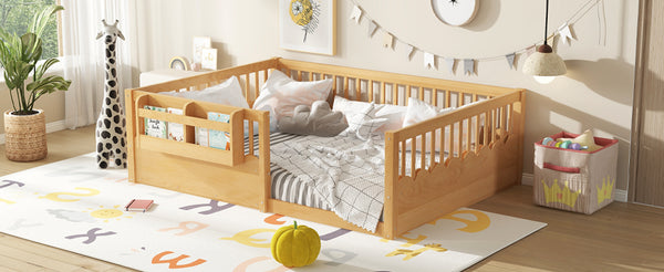 English Elm Twin Low Profile Kids Floor Bed Pine Wood Frame with Safety Rail and Built in Bookshelf Natural W1580P373141
