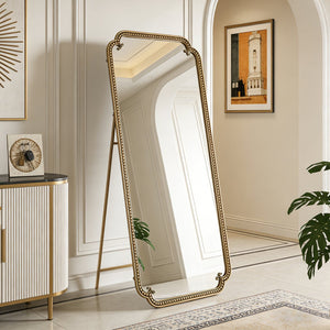 English Elm Full Length Cast Iron Floor Mirror Arched Beaded Frame Antique Gold Bedroom Accent W3040P455740