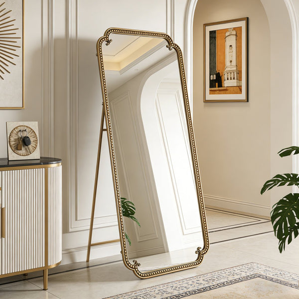 English Elm Full Length Cast Iron Floor Mirror Arched Beaded Frame Antique Gold Bedroom Accent W3040P455740