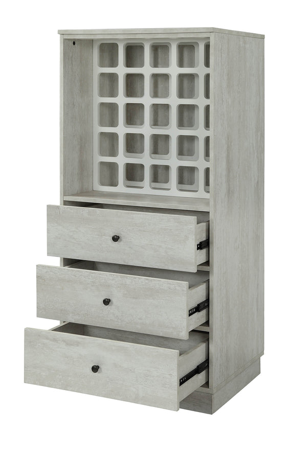 English Elm Wiesta Antique White Wine Cabinet with 25-Bottle Rack, 3 Drawers, Full Finish, Freestanding Storage B2726P272974