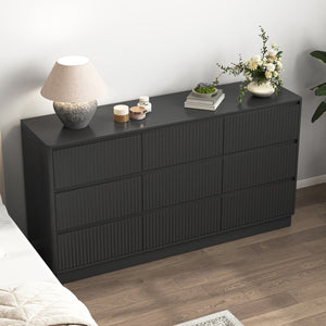 English Elm 9 Drawer Matte Wood Dresser with Wave Front Mid Century Modern Low Profile Storage Black W409P387577