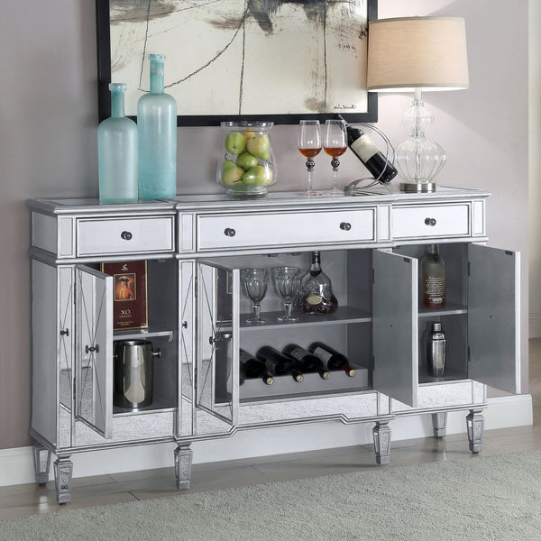 English Elm Battista Silver Mirrored 3-Drawer Wine Cabinet with Beveled Panels, Shelving & Glamorous Storage Appeal B062P353475