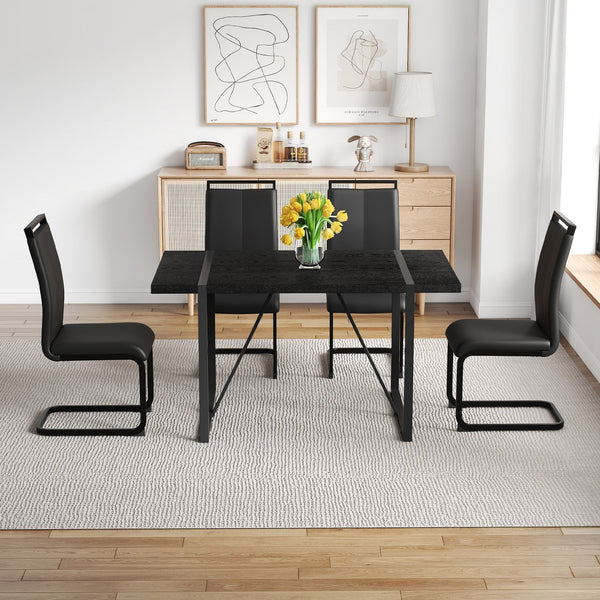English Elm Black Faux Wood Grain Mdf Dining Set with Arched Metal Legs and Pu Chairs W1151S04364