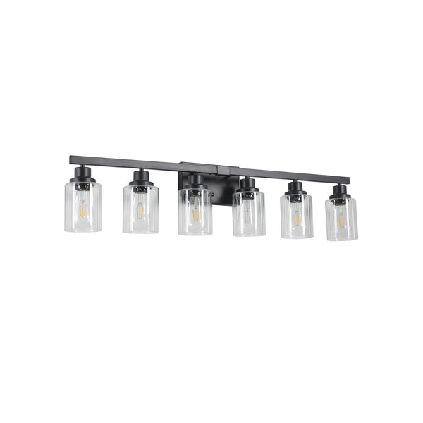 English Elm 37" Modern 6-Light Bathroom Vanity Fixture with Clear Glass Shades, Iron Frame, Hardwired Elegance Black W1340P206684