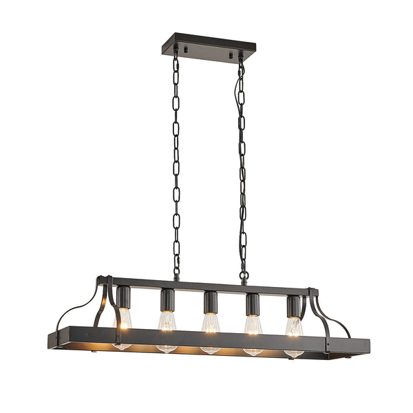 English Elm 34-Inch Industrial Pendant Light with 5 E26 Sockets, Adjustable Chain, Iron Linear Chandelier for Kitchen Matte Black W2312P374832