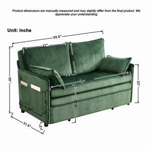 English Elm 55"convertible Corduroy Sofa Bed with Usb Port and Side Pockets for Small Apartments Green W3373P405040