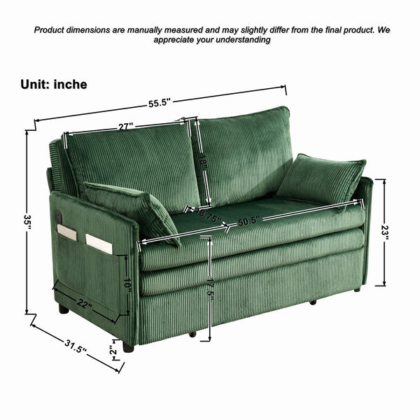 English Elm 55"convertible Corduroy Sofa Bed with Usb Port and Side Pockets for Small Apartments Green W3373P405040