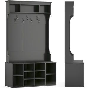 English Elm 70.9 Inch Freestanding Hall Tree with Bench Shoe Cubbies and 7 Hooks for Entryway Black T3623P434557