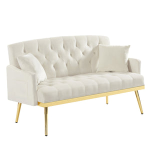 English Elm Cream Velvet Tufted Loveseat with Gold Legs for Glam Living Rooms and Studios W3985P417896