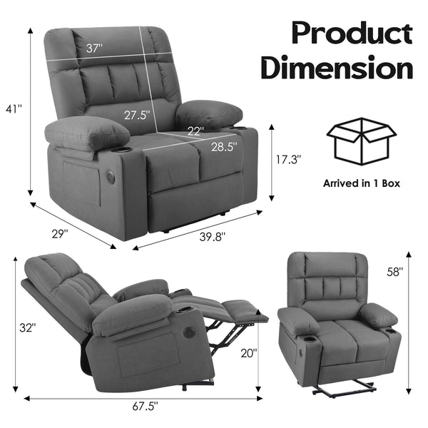 English Elm Oversized Recliner chair with ergonomic support, swivel rocker, quick 5-min assembly for adults comfort Grey T3623P408759