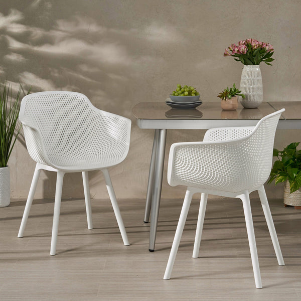 English Elm Christopher Knight Home® - LOTUS modern outdoor dining chair with weather-resistant polypropylene, perforated diamond pattern comfort and stability White 23.5 L x 23.5 W x 22.5 H 69068.00