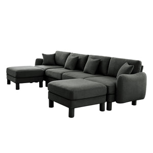 English Elm Boucle U-Shape 4-Seater Sectional Sofa With Shell Armrests & Movable Ottomans In Dark Grey Fabric W3041S00305