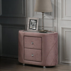 English Elm 1pc Pink Velvet Nightstand with Sandblasted Glass Top, Art Deco Two Drawers, Chrome Legs - Luxurious Bedroom Accent B2741P321723