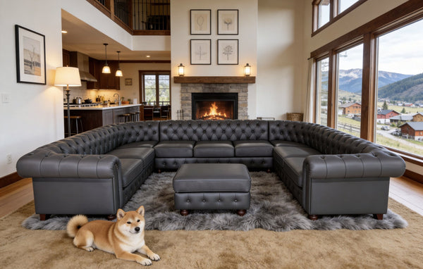 English Elm Chesterfield Button Tufted U-shape Sectional Leather Match Seating for Spacious Rooms Blue Gray B2748S00150