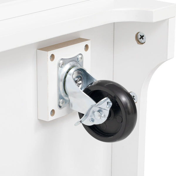 English Elm K&K Vintage Kitchen Island with Rubberwood Top, Hidden Wheels, Pull-Out Trash & Charging Station White N707P299014W