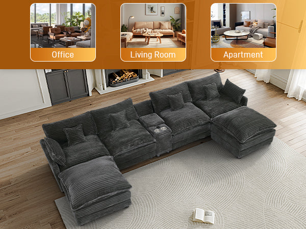 English Elm 145-inch Seven Piece Modular Cloud Sofa with Woolen Upholstery for Spacious Living Light Gray W2564S00038