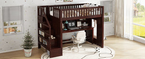 English Elm Twin Loft Bed with Movable Desk Open Shelving and Storage Stairs in Espresso W1580S00336