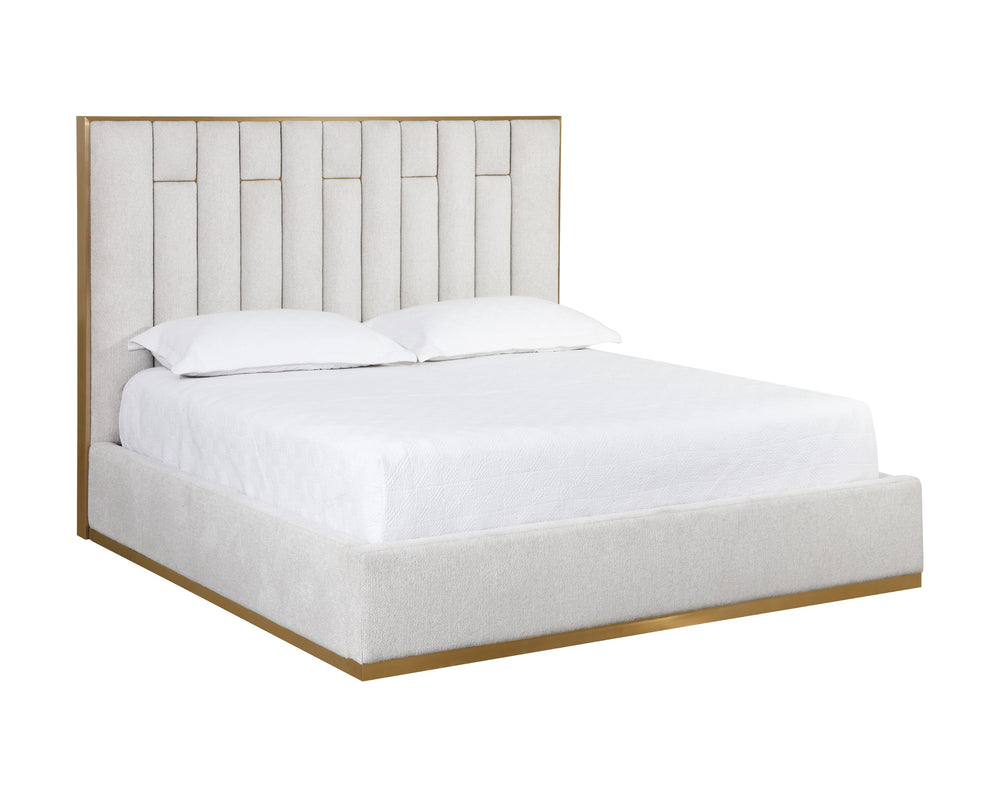 Sunpan Nemu Bed - King Size - Elegant Rhea Light Barley Upholstery With Gold Base And No Box Spring Needed Cream Fabric 110377