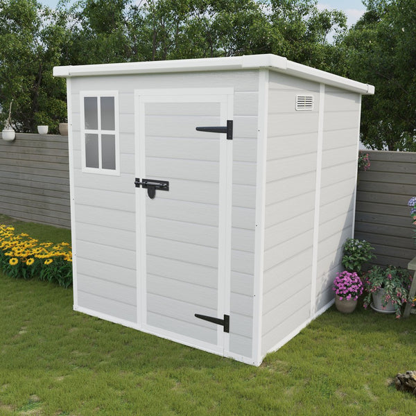 English Elm 6x6 Ft Resin Outdoor Storage Shed with Floor Lockable Doors Window and Vents W1598S00017