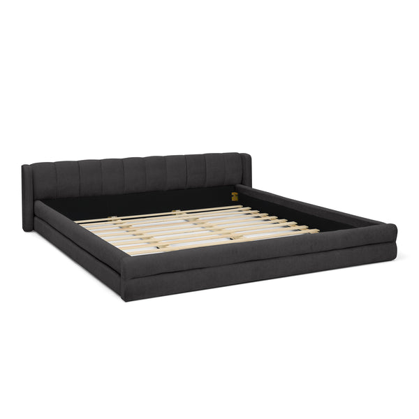 English Elm King Platform Bed Full Chenille Upholstery Low Profile Frame for Modern Bedroom Dark Gray W487S00434