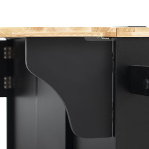 English Elm K&K Vintage Kitchen Island with Rubberwood Top, Hidden Wheels, Pull-Out Trash & Charging Station Black N707P299014B