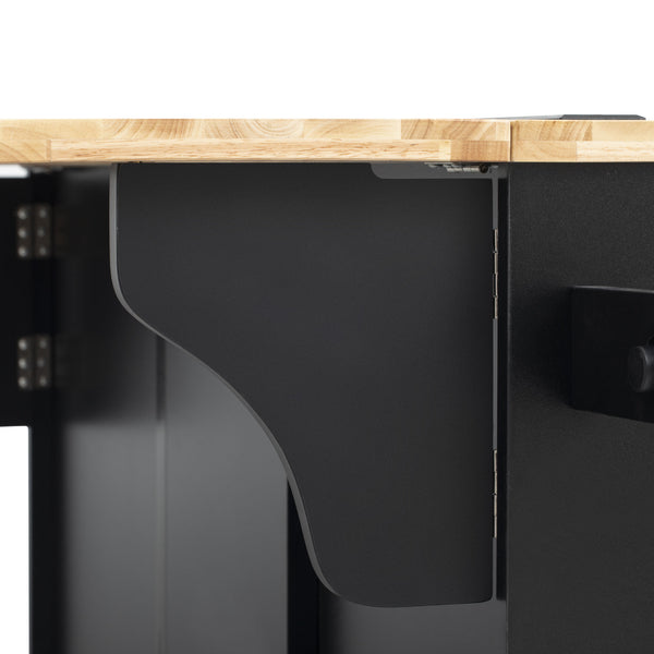 English Elm K&K Vintage Kitchen Island with Rubberwood Top, Hidden Wheels, Pull-Out Trash & Charging Station Black N707P299014B