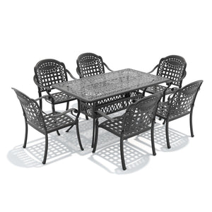 English Elm 7-piece Cast Aluminum Outdoor Dining Set with Ornate Relief Patterned Chairs and Table W1710S00638