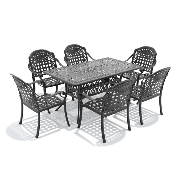 English Elm 7-piece Cast Aluminum Outdoor Dining Set with Ornate Relief Patterned Chairs and Table W1710S00638