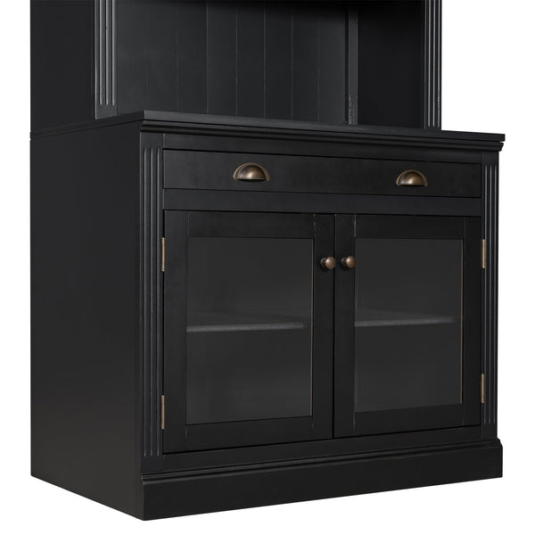 English Elm 83.4"tall Two-piece Bookcase Suite with Led Shelves Tempered Glass Doors Matte Black N751S059521B