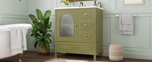 English Elm 30" Freestanding Bathroom Vanity Solid Wood Cabinet Ceramic Basin 3 Drawer Storage Green W1580P382512
