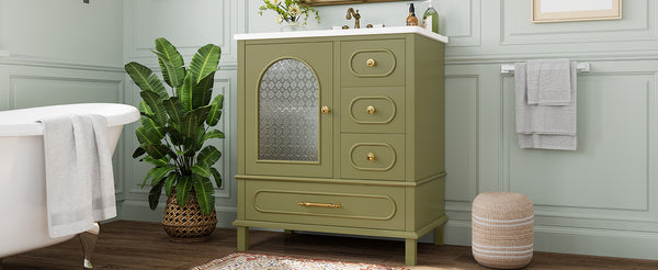 English Elm 30" Freestanding Bathroom Vanity Solid Wood Cabinet Ceramic Basin 3 Drawer Storage Green W1580P382512
