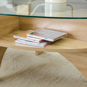 English Elm Oval Tempered Glass Coffee Table with Wood Grain Legs and Built-in Fan Tray Shelf W1151P256007