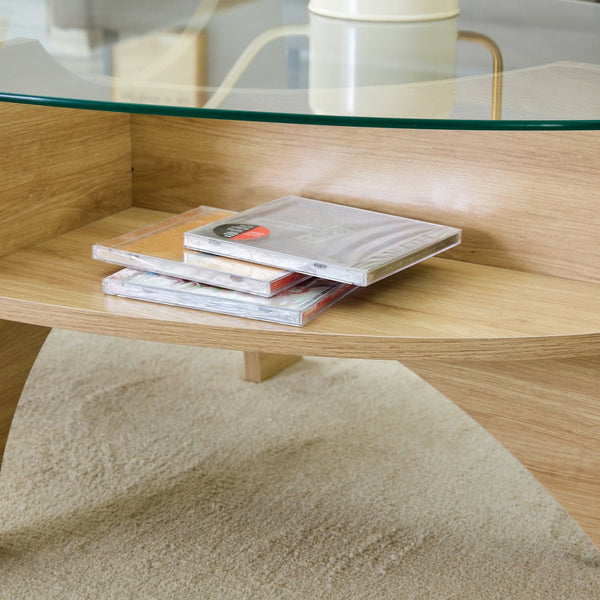 English Elm Oval Tempered Glass Coffee Table with Wood Grain Legs and Built-in Fan Tray Shelf W1151P256007