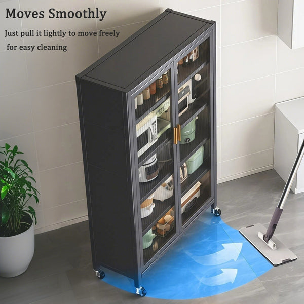 English Elm 65" Metal Pantry Cabinet with Transparent Doors, 6-Tier Adjustable Shelves, Locking Wheels, Gray W3204P300623